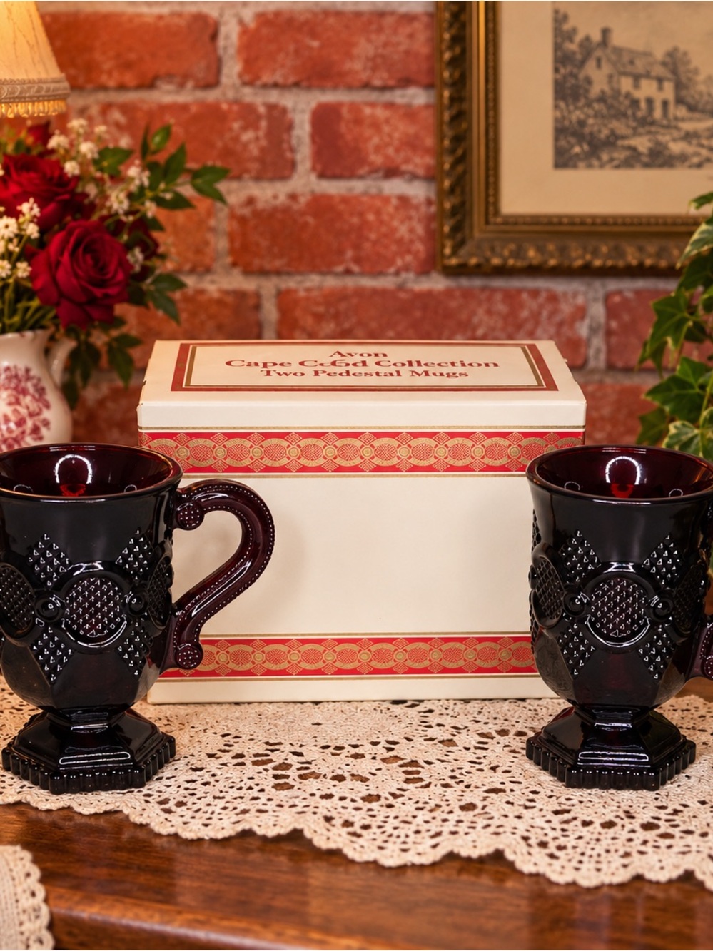 Vintage Avon 1876 Cape
Cod Collection Ruby Red Glass Pedestal Mugs